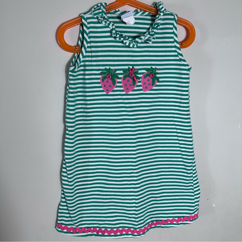 Girls' Green & White Stripe Sleeveless Dress with Pink Strawberry Appliqué